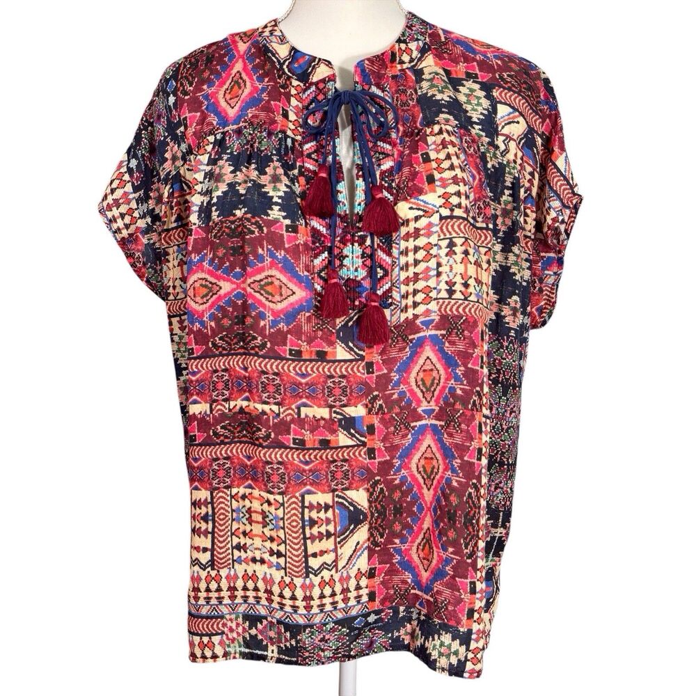 Johnny Was Workshop Boho Tunic Top Aztec Tribal Print Double Tassel Tie Small